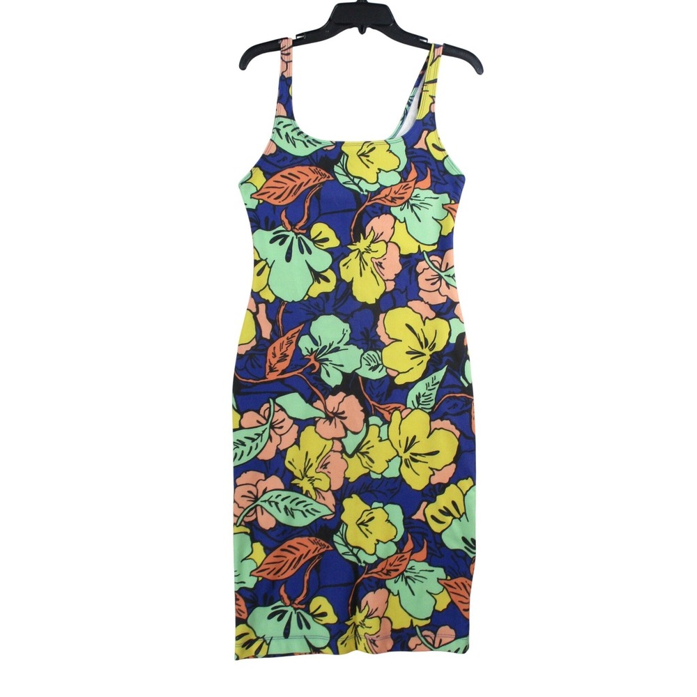 Zara Trafaluc Floral Bodycon Dress Womens Medium Blue Tropical Sleeveless Midi‎